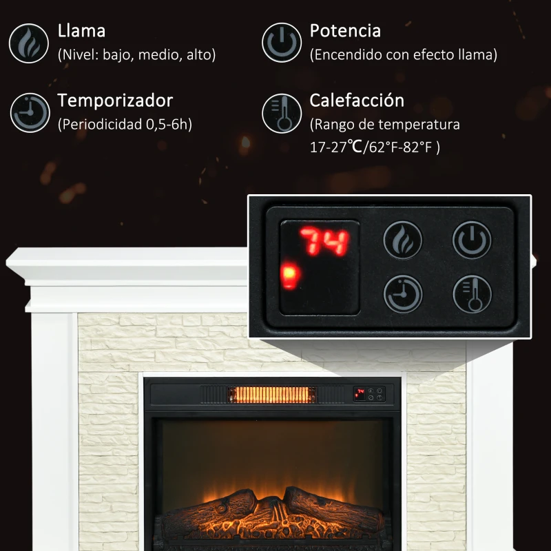 HOMCOM Chimenea Eléctrica con Calefacción 1800W Efecto de Llama con Control Remoto Temporizador 120x24x80 cm Blanco