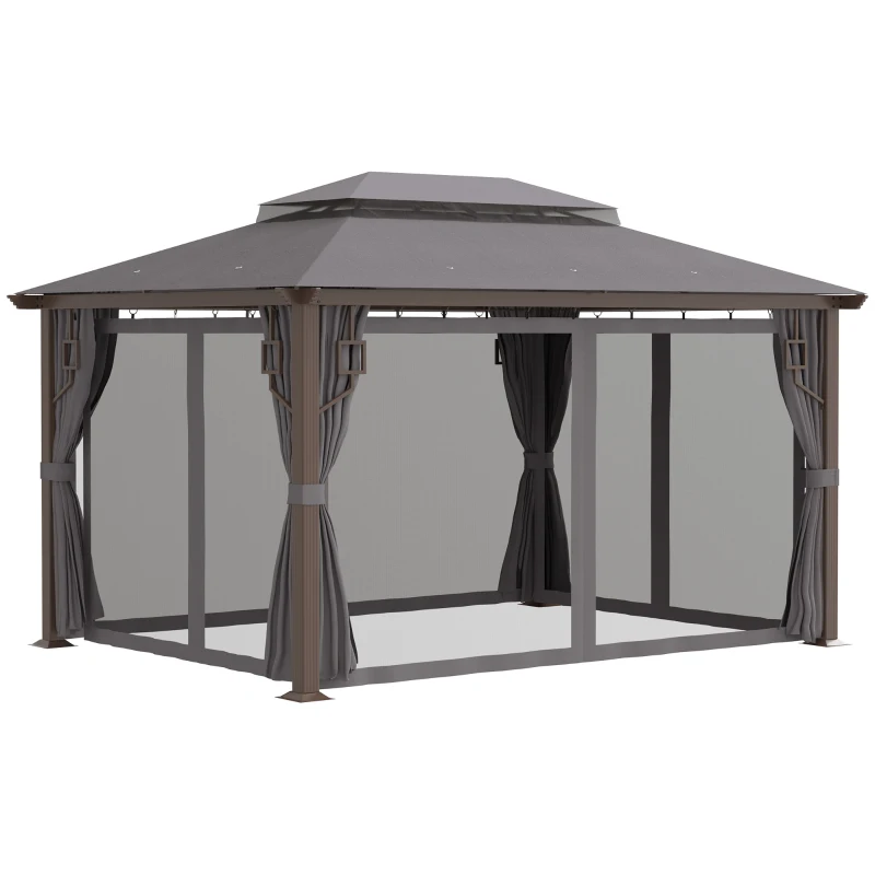Outsunny Pavillon Gartenpavillon 4 x 3 m Gartenzelt Festzelt Partyzelt mit 4 x Seitenteile 4 x Moskitonetz atmungsaktivem Doppeldach Metall Polyester Braun+Dunkelgrau