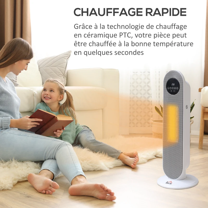 HOMCOM Chauffage d'appoint Radiateur soufflant Radiateur céramique oscillant 15-40°C avec Télécommande 1300/2000W, 21 x 21 x 63,5 cm