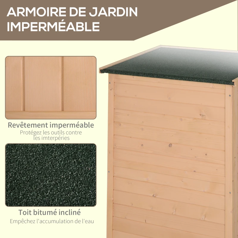 Outsunny Armoire abri de Jardin Remise pour Outils Bois de Sapin pré-huilé Toit bitumé incliné - Grande Porte verrouillable loquet - 2 étagères - dim. 75L x 56l x 115H cm