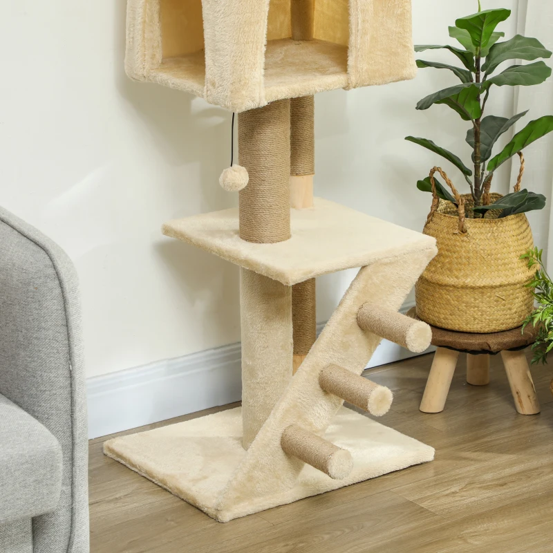 PawHut Árbol para Gatos de Suelo a Techo de 225-255 cm con Altura Ajustable Múltiples Plataformas Escalera Bola Colgante Beige