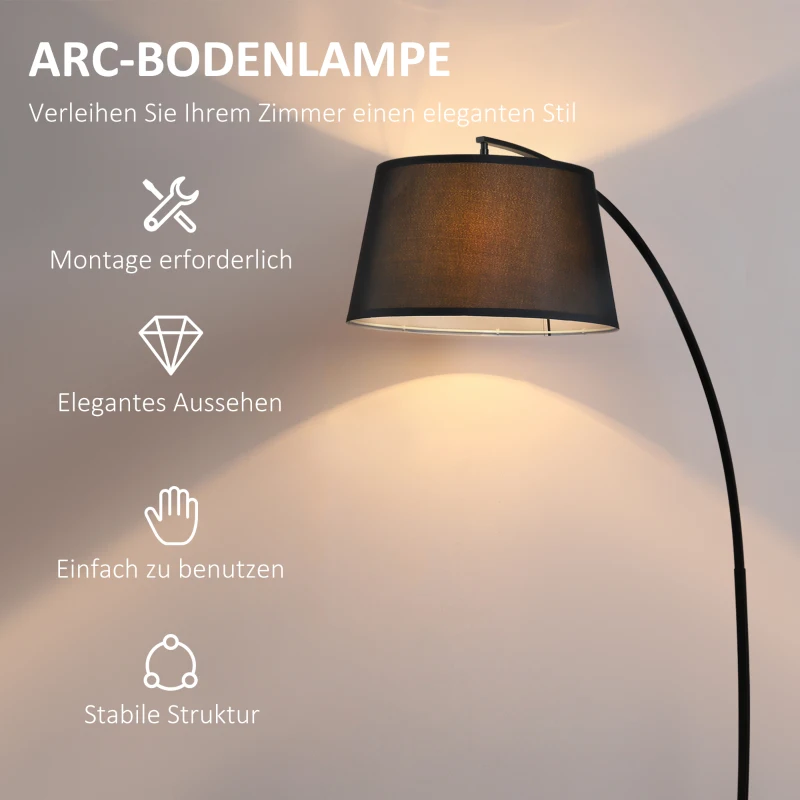 HOMCOM Stehlampe, Gebogene Stehleuchte mit Stoffschirm, Bodenlampe mit runder Basis, Metall, 105L x 47B x 190H cm, Schwarz
