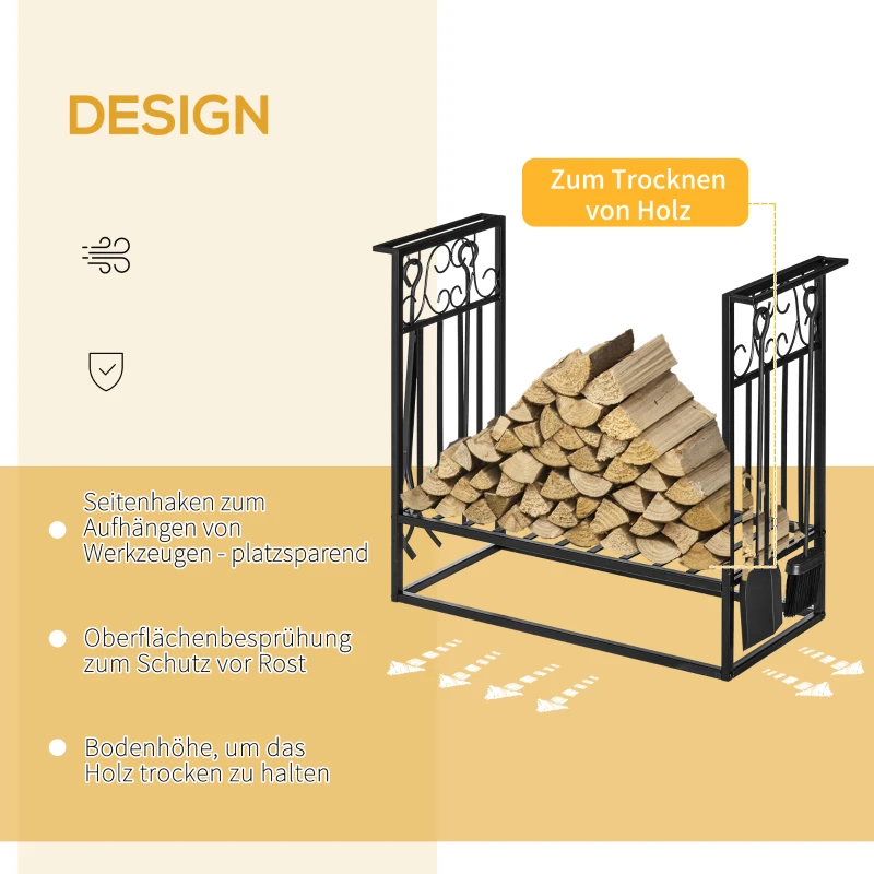 HOMCOM Kaminholzständer mit Kaminbesteck, Brennholzregal, Feuerholzablage, Kaminwerkzeug, Stahl Schwarz 75 x 30 x 60 cm