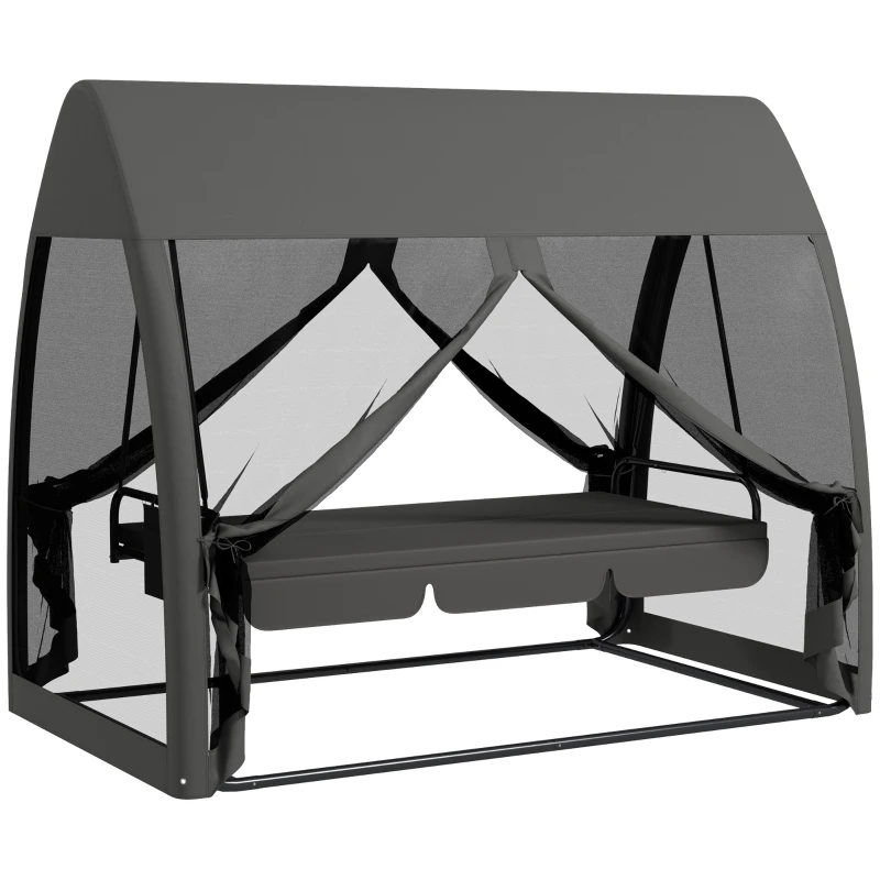 Outsunny 3-Sitzer-Terrassen-Schaukel, Veranda-Schaukel mit Bettfunktion, Hollywoodschaukel mit Mückennetz und Stahlrahmen, Grau