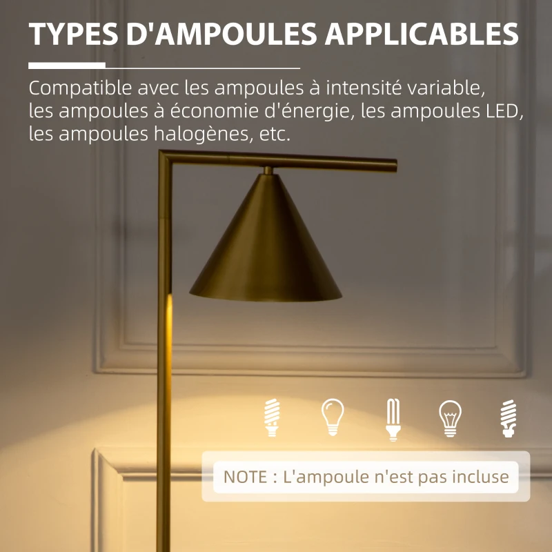 HOMCOM Lampadaire sur pied salon en acier avec abat-jour conique orientable base marbre 40W 35 x 26 x 153 cm doré