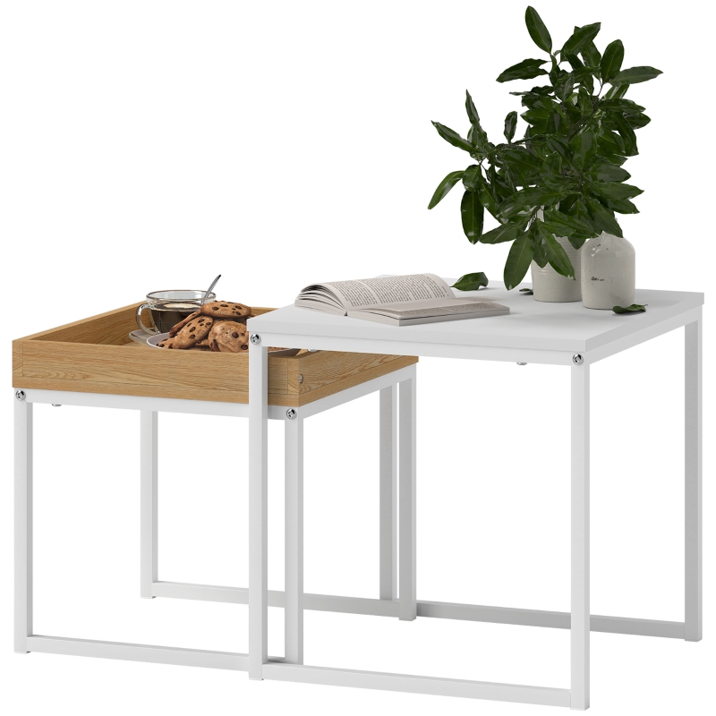 HOMCOM Moderner Couchtisch, 2er-Set Sofatisch, für kleine Räume, Quadratisch, MDF, Metall, Weiß