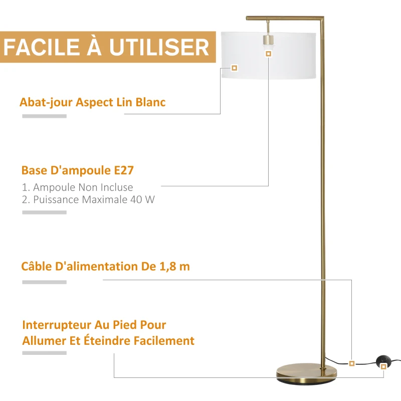 HOMCOM Lampadaire lampe à pied abat-jour en tissu de lin base ronde stable pour salle bureau chambre à coucher 47 x 37 x 153 cm or et blanc