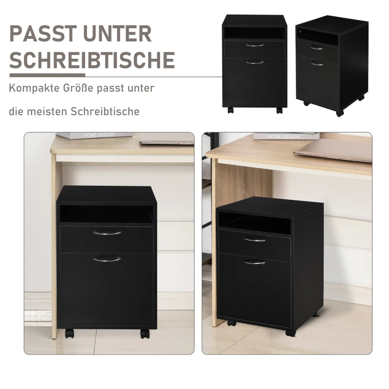 HOMCOM Rollcontainer, Aktenschrank, Bürocontainer mit Schublade, Büroschrank, Aufbewahrung Container, Spanplatte, Schwarz, 40 x 35 x 60 cm