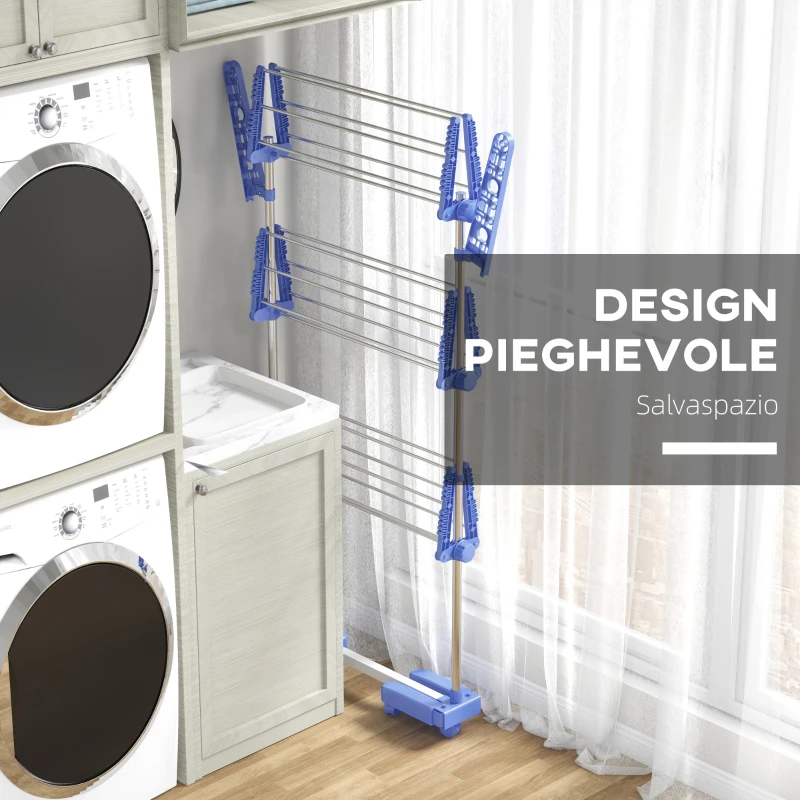 HOMCOM Stendino Verticale con 3 Ripiani Regolabili, in Acciaio e Plastica, 142x55x152 cm, Blu e Argento