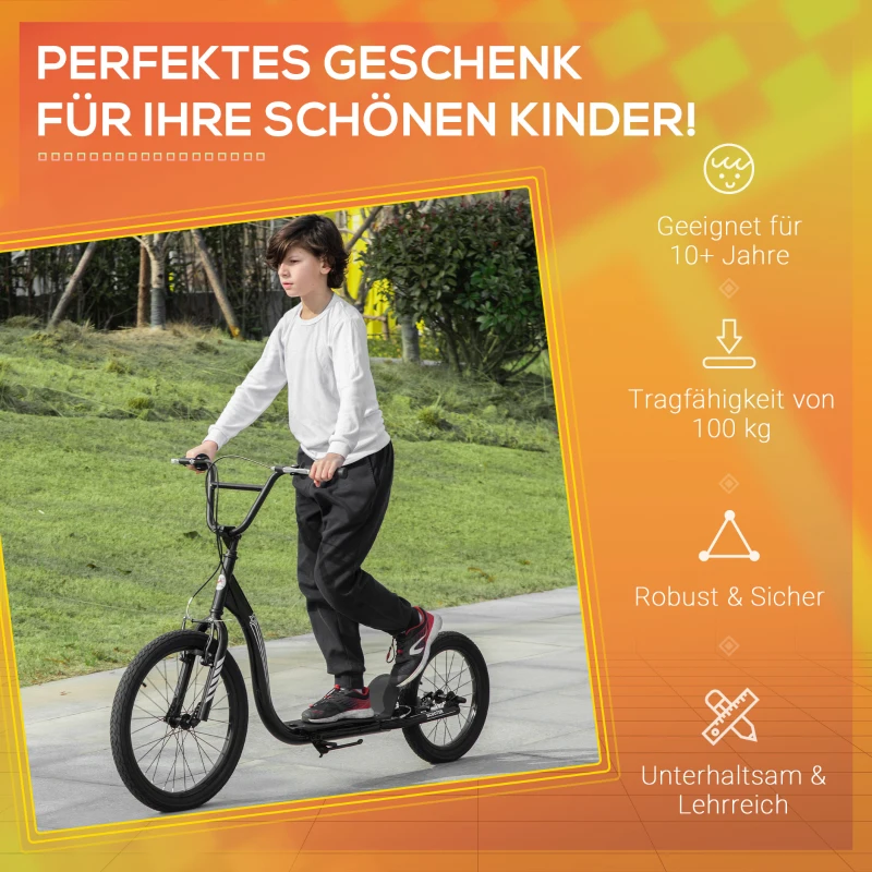 HOMCOM Kinderroller mit 16''/20'' Luftreifen Scooter Tretroller höhenverstellbar Roller Cityroller Kinder Roller Kickboard ab 10 Jahre Junge Schwarz 156 x 68 x 101-108 cm
