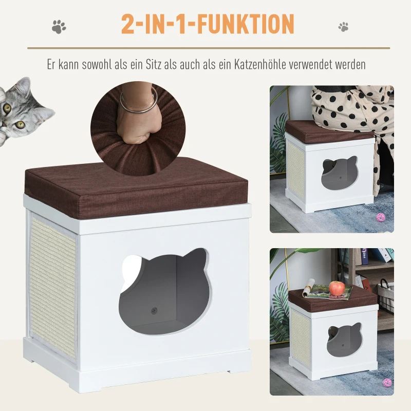 PawHut Katzenhaus Sitzhocker Hocker 2 In 1 Katzenhöhle Katzenwohnung MDF Weiß 41 x 30 x 36 cm