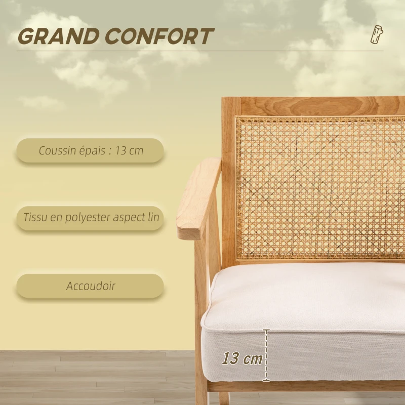 HOMCOM Fauteuil de salon confortable Chaise en Rotin avec Coussin épais- Dossier en cannage - Assise Profonde - Structure en Bois hévéa Aspect Lin Beige(m-5)