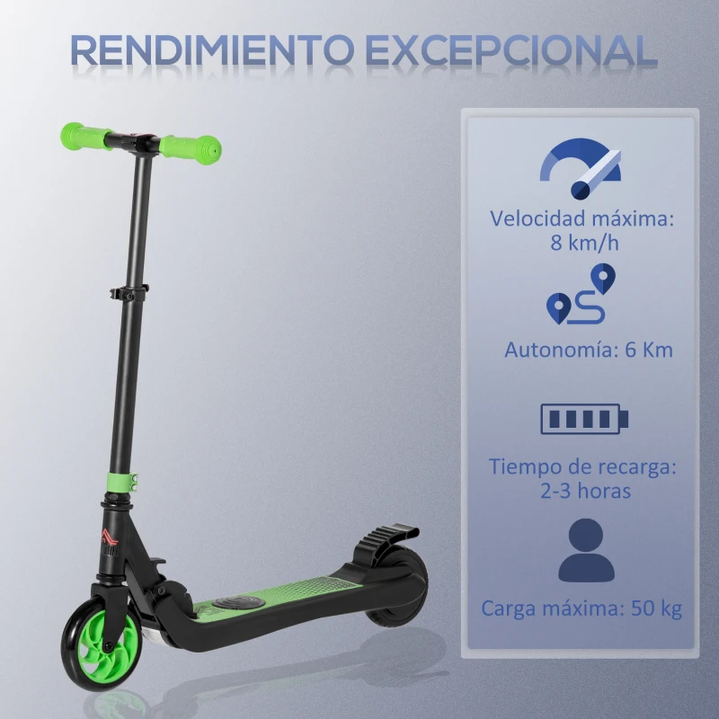 HOMCOM Patinete Eléctrico para Niños de +6 Años Scooter Eléctrico Plegable con Altura Ajustable Batería 24V Velocidad Máxima 8 km/h Carga 50 kg 71x36,5x75-80 cm Verde