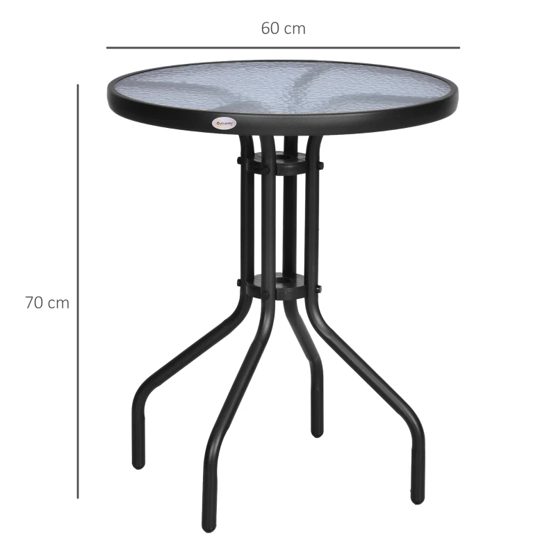 Outsunny Mesa de Jardín Redonda con Encimera de Vidrio Templado Decorativa y Marco de Metal para Patio Terraza Balcón Comedor Ø60x70 cm Negro