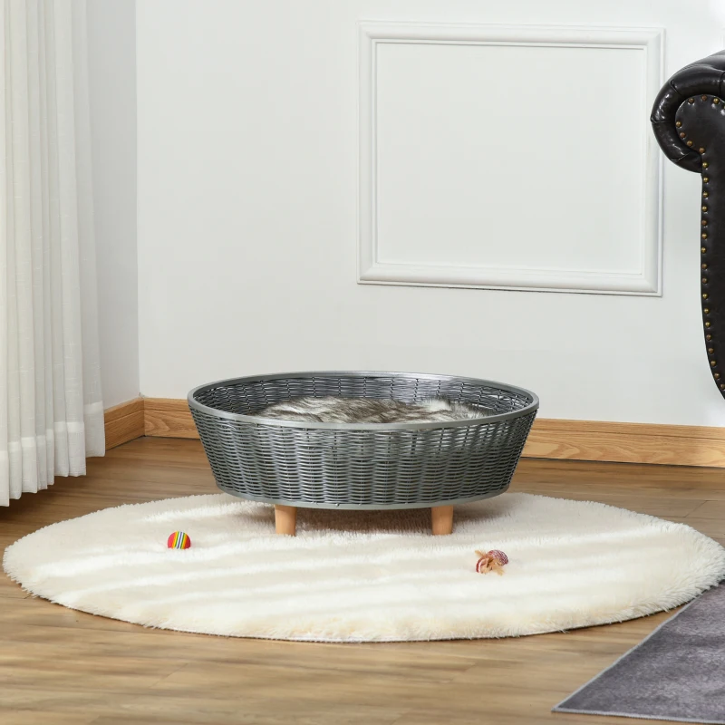 PawHut Panier pour chats surelevé canapé pour animaux en résine tressée imitation rotin lit sur pieds style cosy chic grand confort coussin moelleux lavable intégré 60 x 60 x 23,5 cm gris