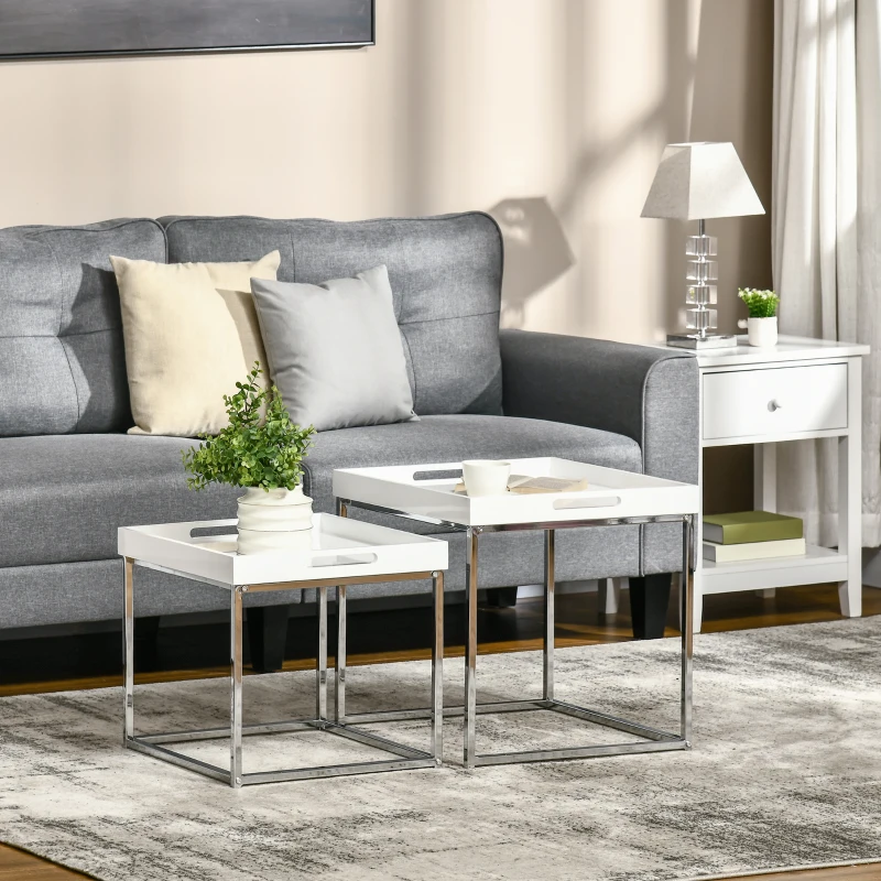 HOMCOM High Gloss Coffee Table Set of 2, Square Nest of Tables with Steel Frame for Living Room, White