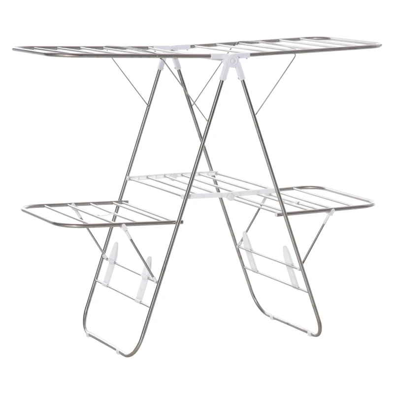 HOMCOM Wäscheständer Standtrockner faltbar 3-stufiger Flügelwäschetrockner Trockengestell Trockenständer Edelstahl Kunststoff Silber Weiß 138 x 60,5 x 112 cm