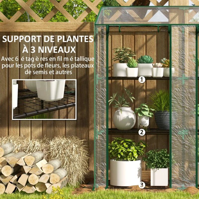 Outsunny Mini serre de jardin 3 niveaux avec bâche en plastique, 2 portes enroulables, 6 étagères, dim. 143L x 46l x 141/151H cm