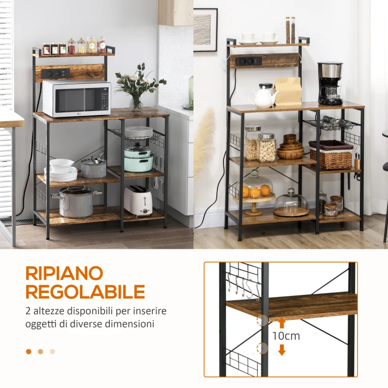 HOMCOM Scaffale Cucina Multipresa per Microonde con Ripiani e Cestino a Rete, 90x42x130cm, Marrone