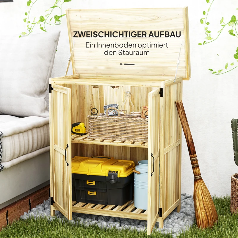 Outsunny Gartenschrank, Werkzeugschrank für den Außenbereich, mit Arbeitsfläche, Holz und Edelstahl, Doppeltüren, Naturholz(m-6)