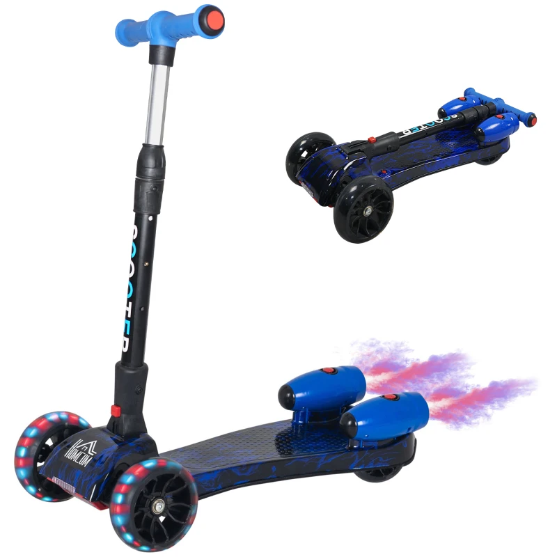 HOMCOM Patinete para Niños Scooter Plegable con Altura Ajustable de 4 Niveles y Música Luces y Nebulizador de Agua +3 Años 62x27x63-81 cm Azul