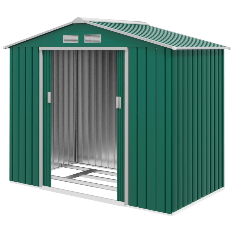 Outsunny 7 x 4ft Metal Garden Shed, Outdoor Storage Tool House with Ventilation Slots, Foundation Kit and Lockable Double Doors, Green