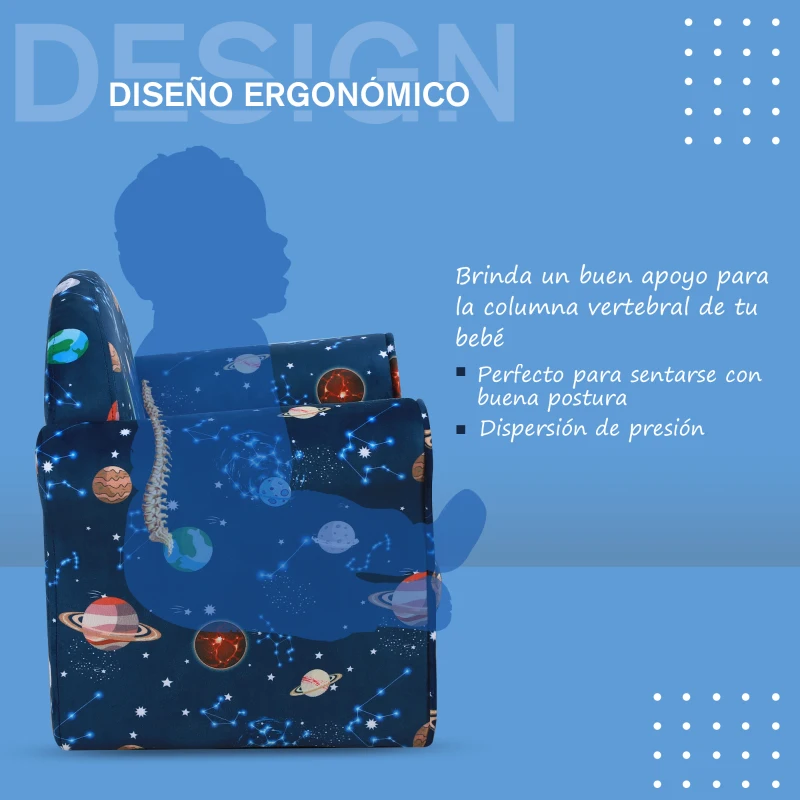 HOMCOM Sillón Infantil Bonito Mini Sofá para Niños Mayores de 12 Meses Ergonómico Patas Antideslizantes Asiento Acolchado Grueso 50x39x44 cm Azul