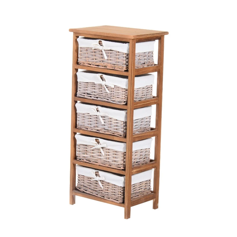 HOMCOM Armario Auxiliar 5 Cajones Cajonera Madera Mimbre 40x29x90cm Estanteria Organizador NUEVO (Madera Natural)