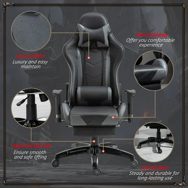 HOMCOM Gaming Chair, Computer Desk Chair with Footrest, PU Leather Ergonomic Office Chair with 180° Reclining Back, Lumbar Cushion, Headrest & Height Adjustable Armrest, Black and Red, Grey