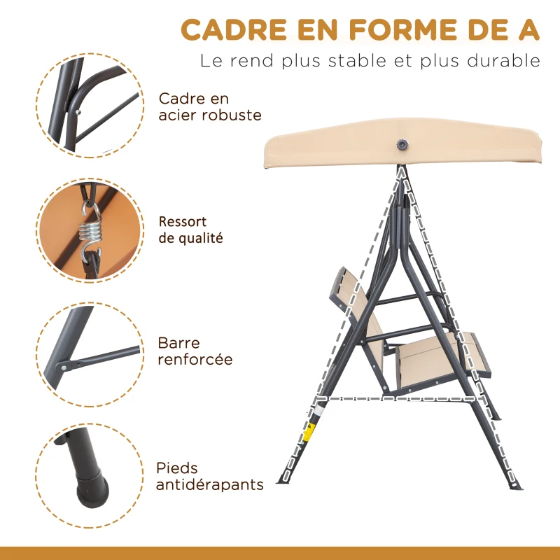 Outsunny Balancelle de Jardin 3 Places Grand Confort Toit Inclinaison réglable Assise et Dossier Ergonomique Acier époxy textilène Beige