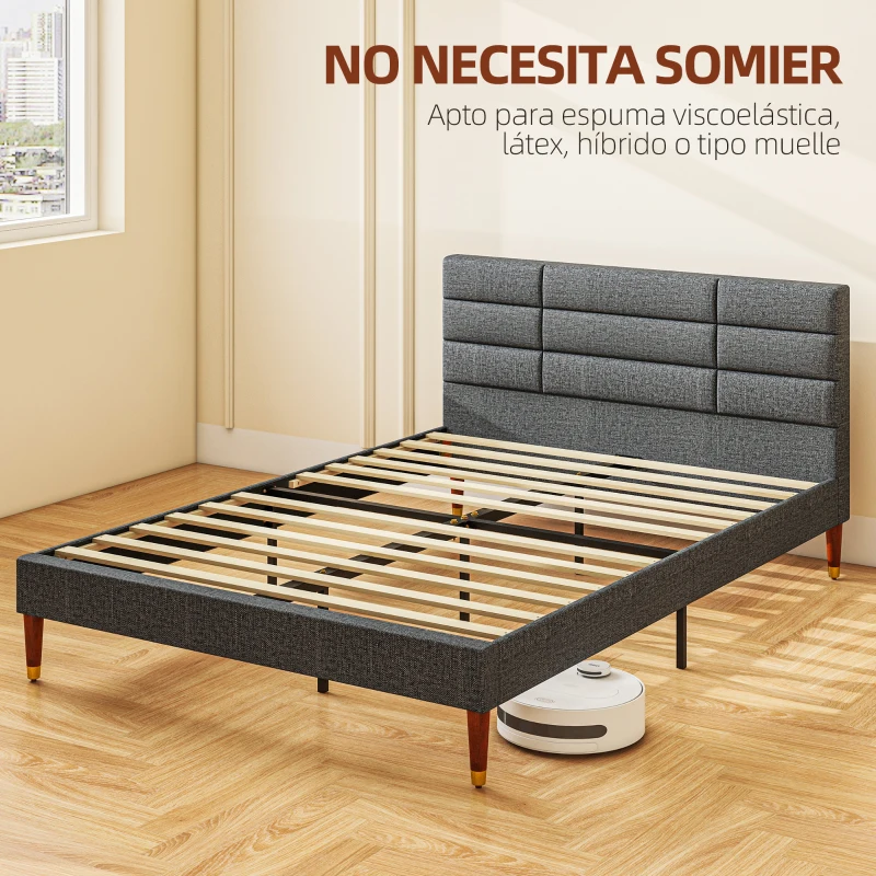 HOMCOM Estructura de Cama 140x200 cm con Cabecera Tapizada de Lino y Espacio de Almacenamiento Carga 250 kg Gris