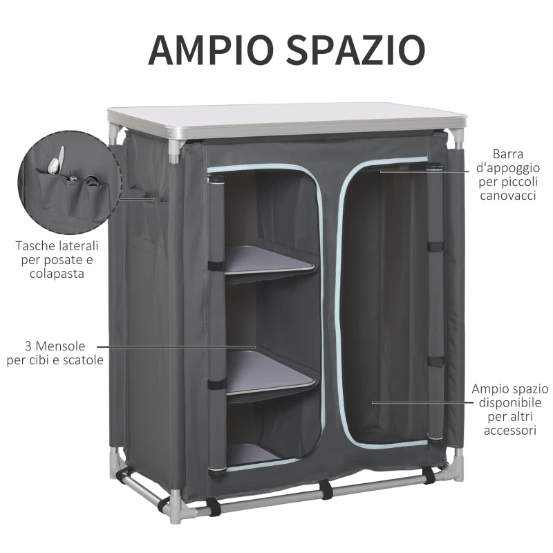 Outsunny Cucina da Campeggio Doppio Armadietto, 3 Mensole e Sacca di Trasporto, Telaio Alluminio 96Lx49.5Px104cm Grigio