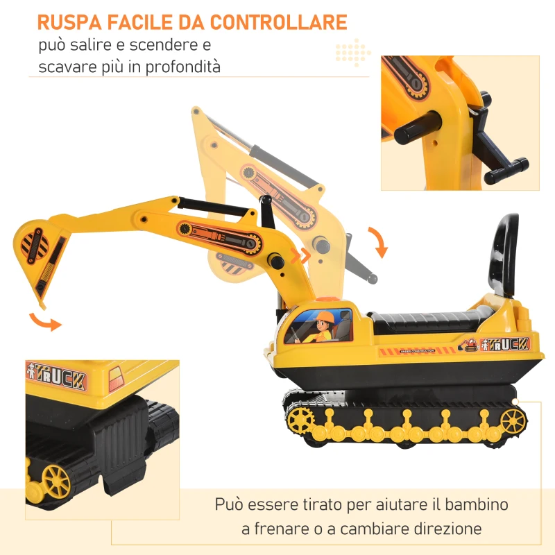 HOMCOM Escavatore Ruspa Giocattolo Cavalcabile per Bambini max. 30 kg con Schienale, Braccio Mobile e Vano Contenitore, 78x24x58.5cm
