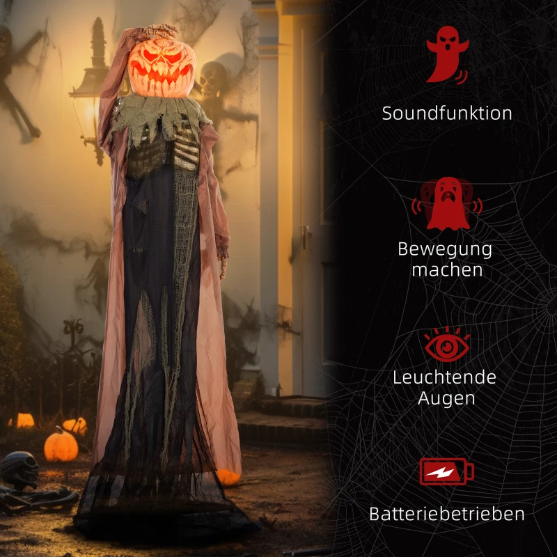 HOMCOM Totenkopf-Kürbis, Helloweendeko, gruselige Laute, rote Augen, beweglicher Arm, 183 cm(m-7)