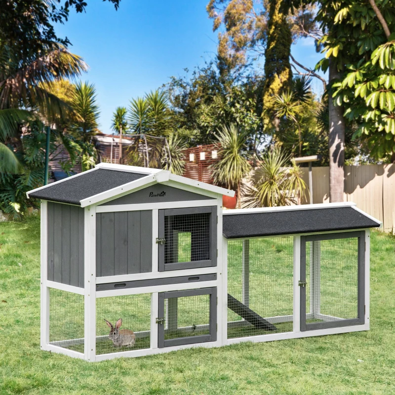 PawHut Rabbit Hutch Outdoor, 2-Tier Guinea Pig Hutch, Wooden Small Animal House with Rabbit Run Box, Slide-out Tray, Ramp, 175.8 x 52 x 85.5 cm, White