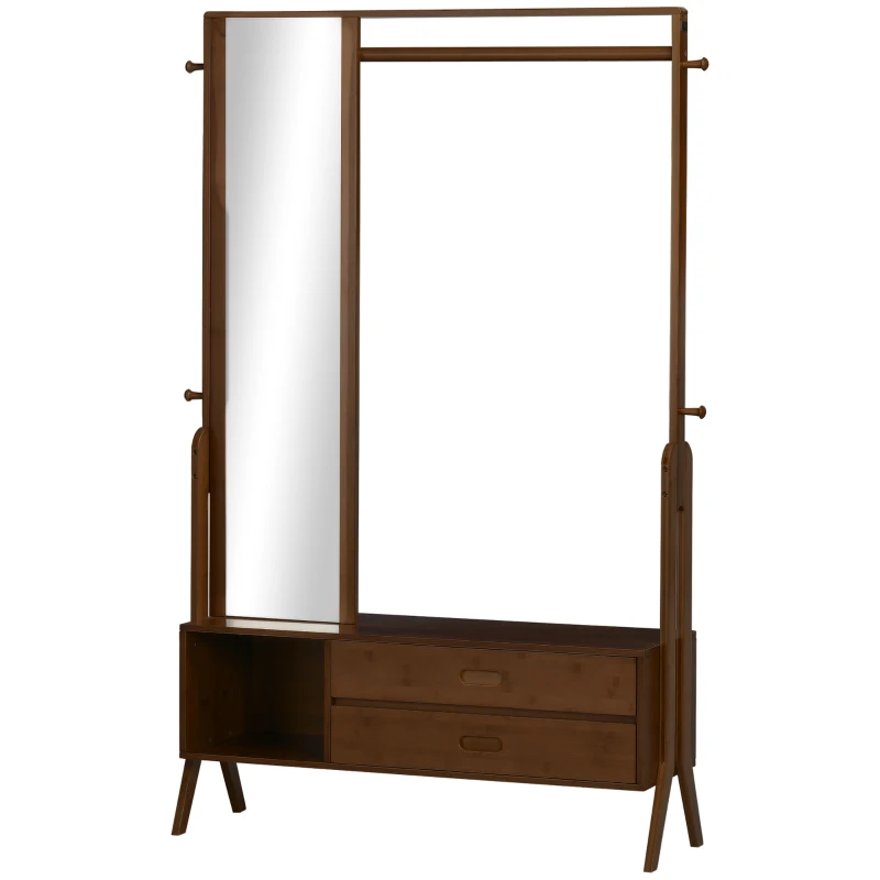 HOMCOM Perchero de Bambú con Banco Espejo 2 Cajones 4 Ganchos Barra y Compartimiento de Almacenaje 113x33x169,5cm Marrón
