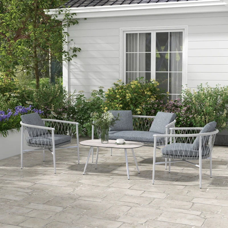 Outsunny Gartengarnitur, 4-teilig, Schaukelfunktion, Sitzauflagen, Polyrattan, Metallgestell, Grau