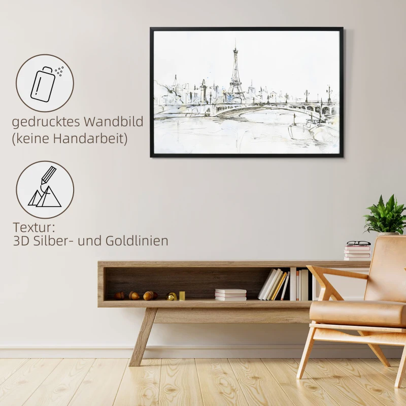 HOMCOM Kunstdruck mit Eiffelturm-Motiv, UV-Druck, Prägetechnik, inkl. Montagematerial, 93 cm x 2,5 cm x 63 cm