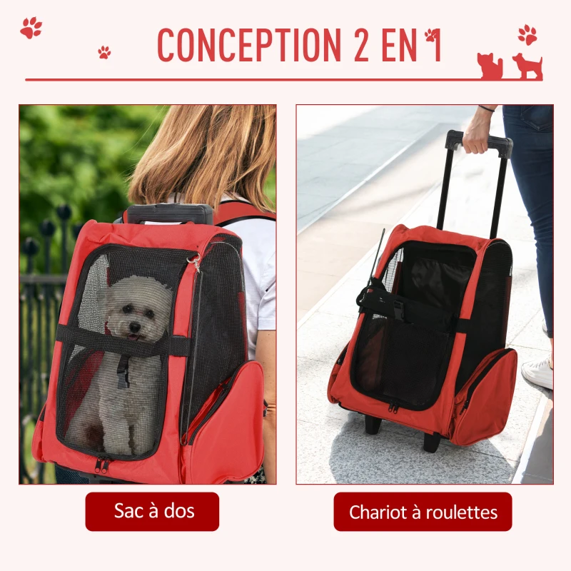 PawHut Sac de transport à roulettes pour chien 2 en 1 trolley chariot sac à dos pour chien chat avec poignée téléscopique, sacs de rangement, aérations, attache de sécurité, 42 x 25 x 55 cm, rouge