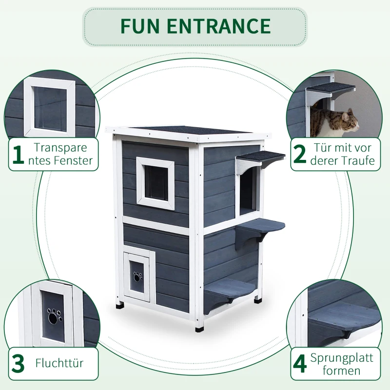 PawHut Katzenhaus aus Holz 2 Etagen Winterfest wasserdicht Katzenhütte mit Asphaltdach Treppen Fenster Katzenhöhle Outdoor Schutzhütte für Draußen Garten Balkon 51 x 51 x 81,3 cm Grau