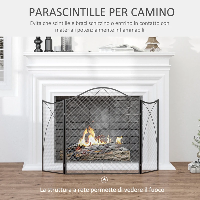 HOMCOM Parascintille Camino a 3 Parti Pieghevole in Metallo, 108x24x76 cm, Nero