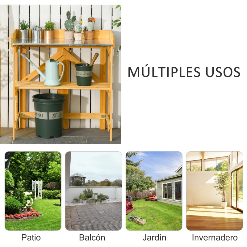 Outsunny Mesa de Plantación Plegable Mesa de Jardinería de Madera con Placa de Zinc y Estante para Jardín Terraza Balcón 85x44x89 cm Amarillo