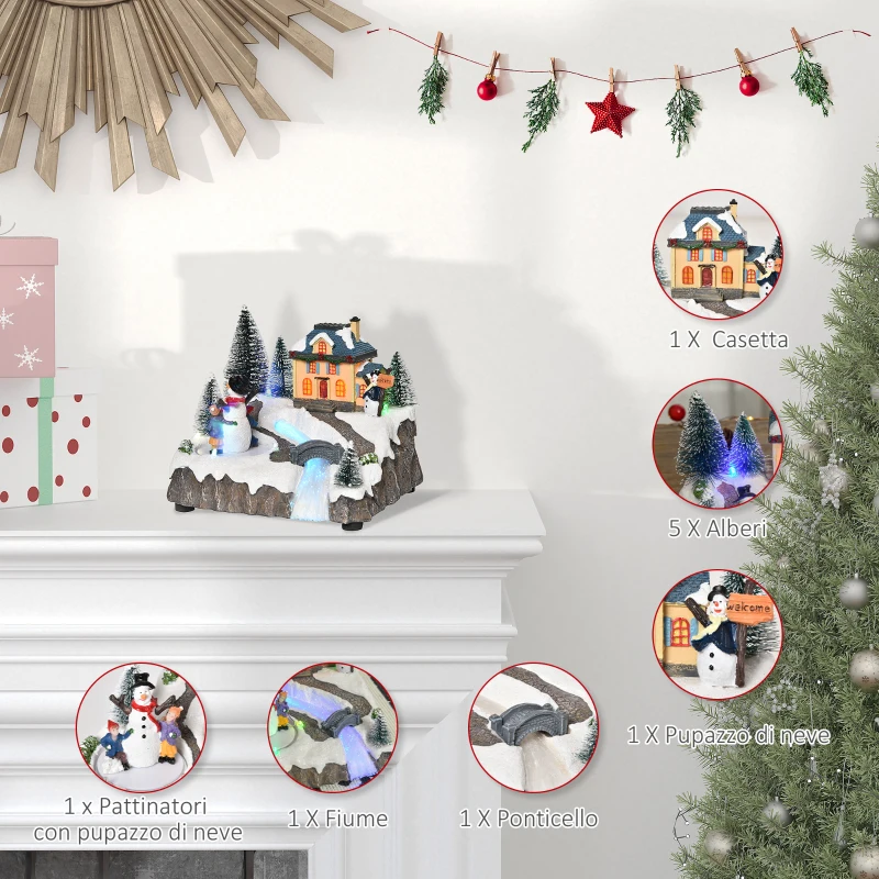 HOMCOM Villaggio di Natale con Luci LED, 8 Musiche e Pattinatori in Movimento, 18.5x16x15cm