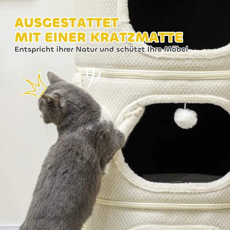 PawHut Katzenfass, 4 Ebenen, mit Kissen, Kratzmatte, Spielbällen, Katzenhaus für Innenbereich, Beige