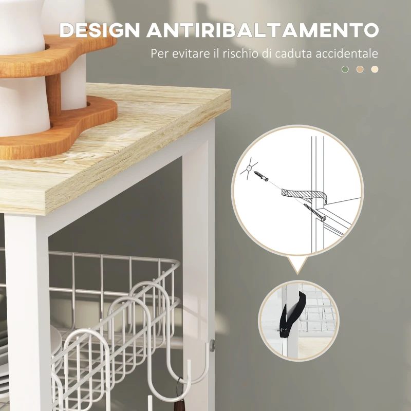 HOMCOM Mobile Cucina Moderno a 4 Ripiani con Cestino e Ganci in Legno e Acciaio, 90x40x84.5cm, Quercia e Bianco