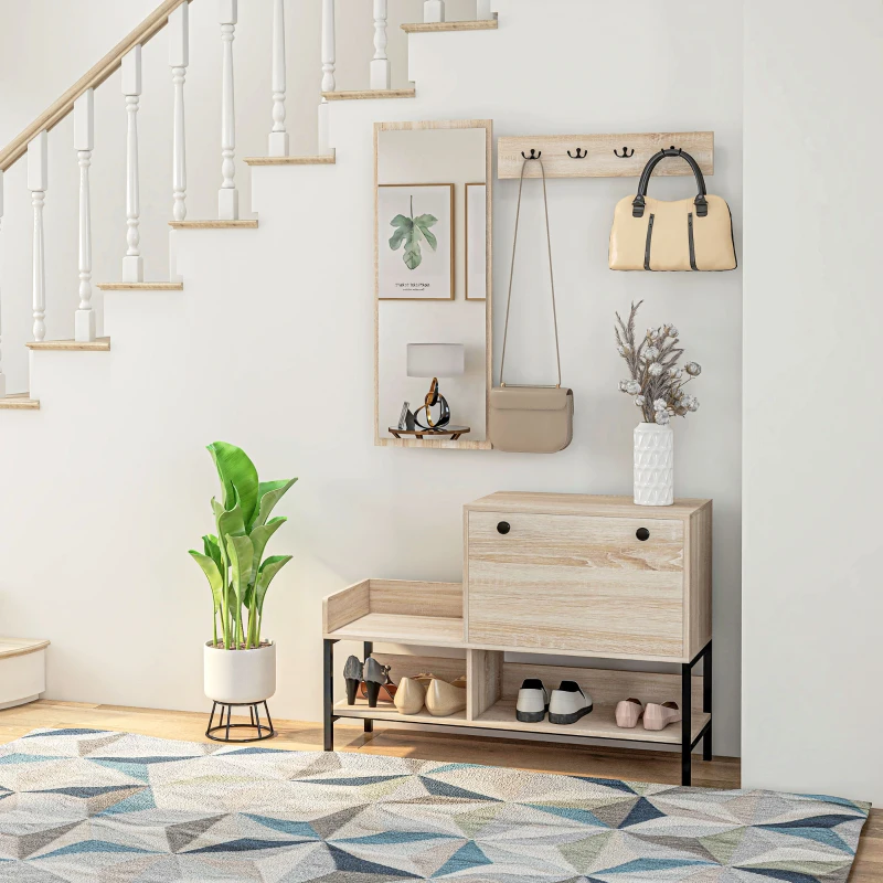 HOMCOM Ensemble 3 en 1 meuble d'entrée design contemporain meuble chaussures, miroir et panneau porte-manteau acier noir