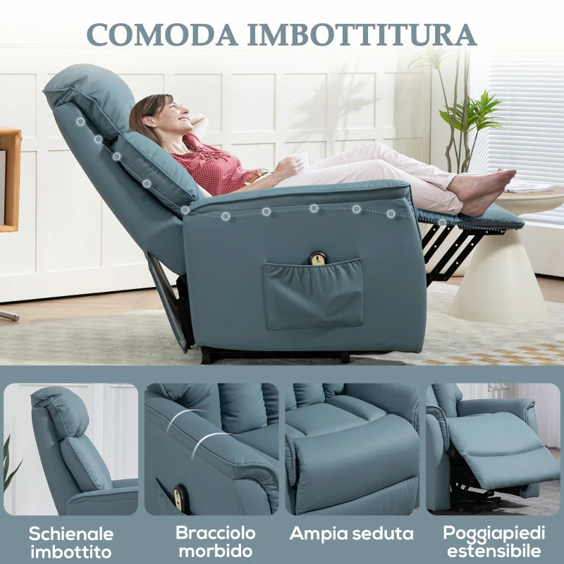 HOMCOM Poltrona Relax Reclinabile Alzapersone Elettrica con Telecomando e Poggiapiedi, 80x94x104cm Azzurro