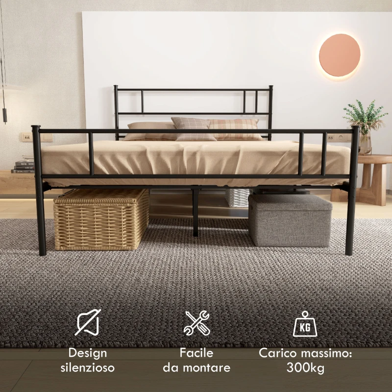 HOMCOM Struttura Letto Una Piazza e Mezza in Acciaio 140x200cm con Doghe, Testiera e Pediera