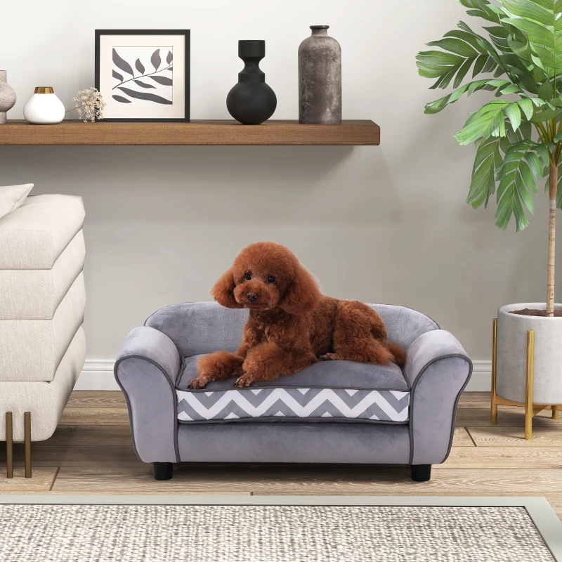 PawHut Hundesofa, Haustiersofa mit erhöhten Füßen, Hundecouch, Hundeliege mit Kissen, Hundebett, Katzensofa, Waschbar, Samt, Grau, 73,5 x 41 x 33 cm