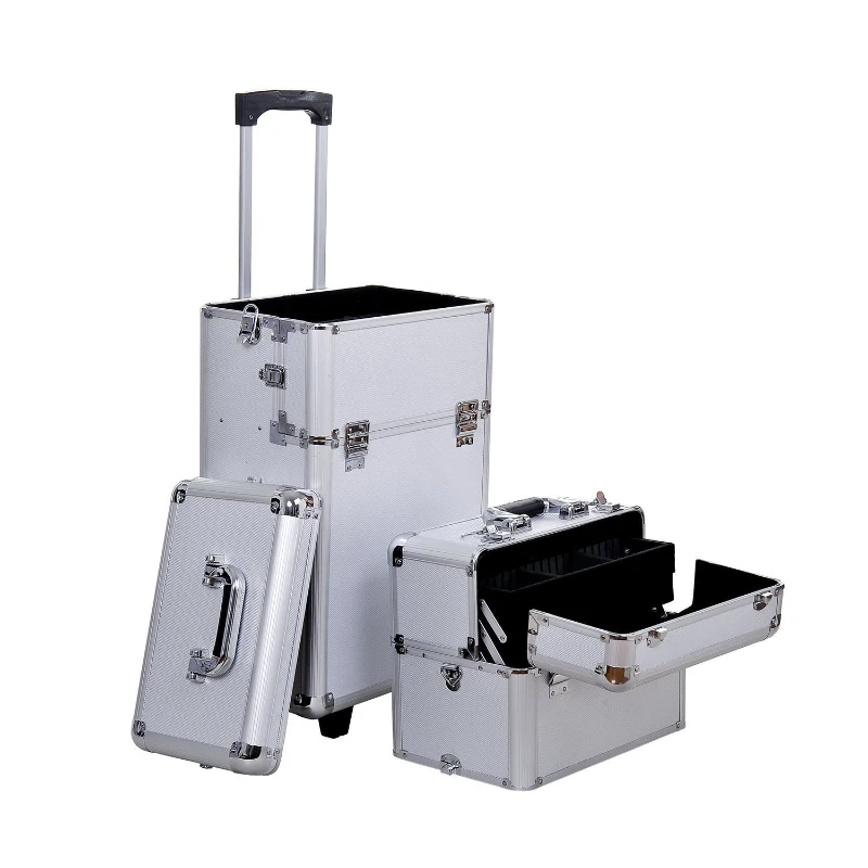 HOMCOM Maletin Maquillaje Profesional 35,5x23x86cm Maleta Trolley 4 Pisos 2 Ruedas Plateado Peluqueria Estetica